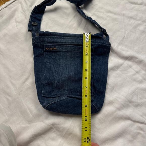Dark blue denim crossbody bag upcycled handmade with yellow orange stitching - Picture 8 of 8